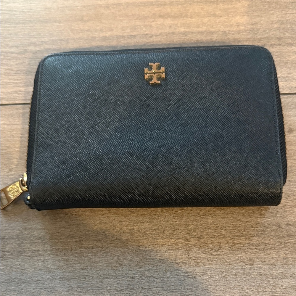 Tory Burch Black Leather Zip-Around Wallet with Gold Logo